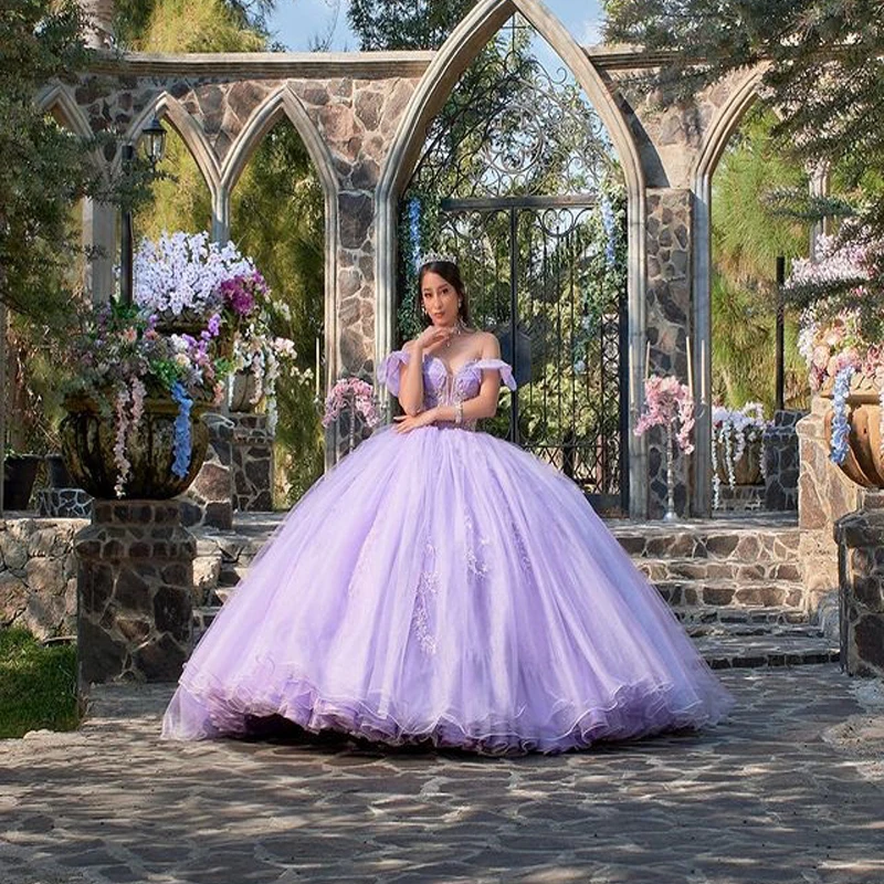 Sweet 16 Lilac Quinceanera Dresses Off Shoulder Beads Ruched Ball Gown Dress Prom Gowns Vestido De 15 Anos Quinceanera