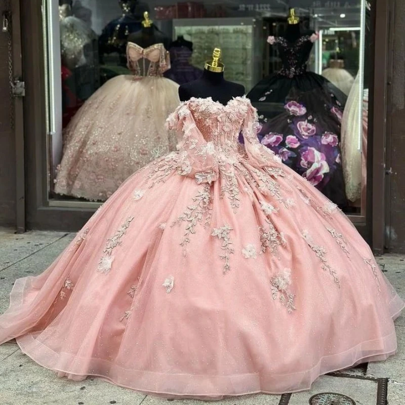 Light Pink Shiny Princess Sweetheart Ball Gown Quinceanera Dress Long Sleeve Beaded Appliques Party Gowns Vestidos De 15 Anos