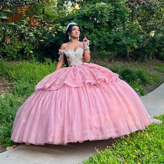 Pink Off The Shoulder Lace Ruffles Mexican Quinceanera Dress Ball Gown Beading Tassel Crystal Corset Vestidos De XV Anos