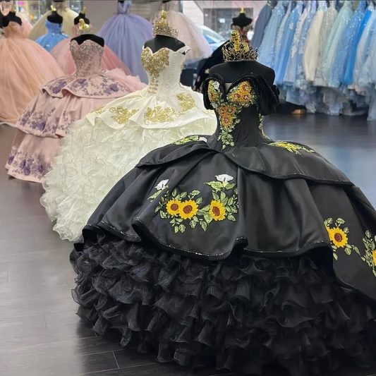 Black Charro Queen Quinceanera Dresses Off Shoulder Sunflower Embroidery Chapel Train Sweet 15 vestidos de quinceañeras 2024
