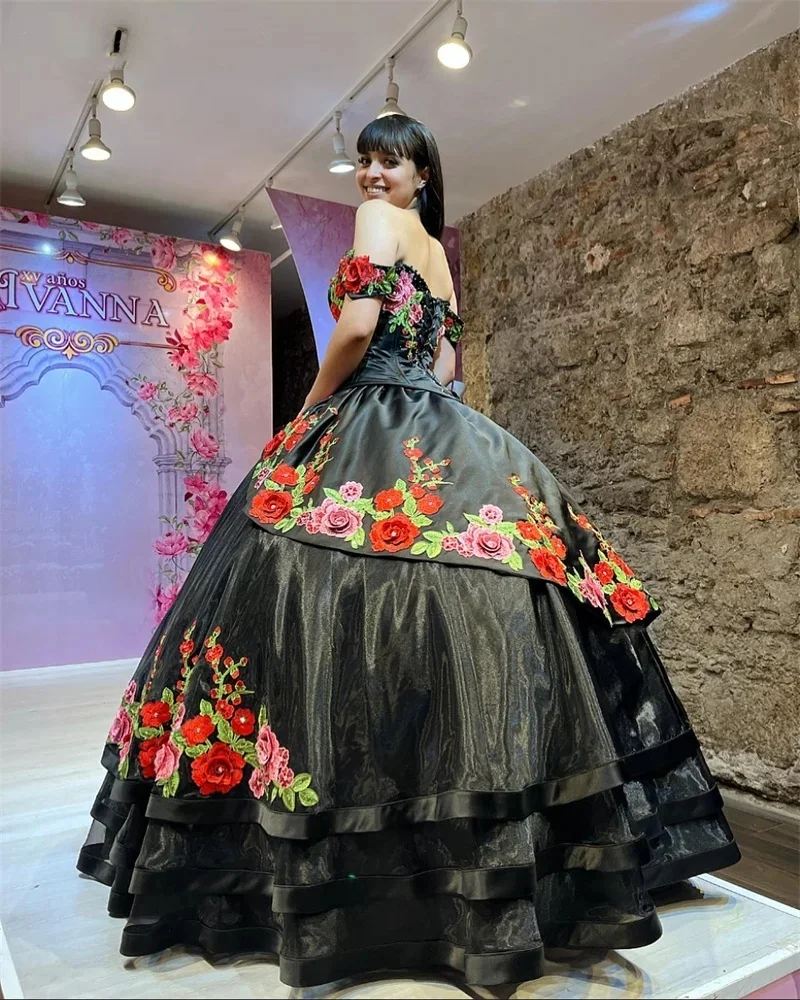 Luxury Mexican 3D Flower Embroidery Quinceanera Dresses 2024 Off The Shoulder Lace Princess Sweet 16 Dress Vestidos 15 de