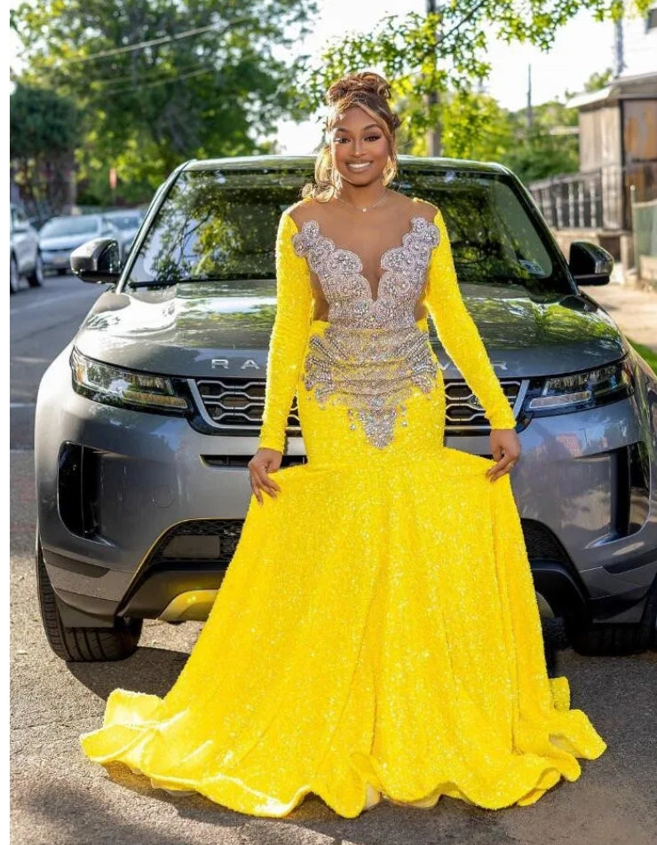 Yellow Luxury African Mermad Evening Formal Dress Long Sleeve Sparkly Diamond Blak Girl Prom Birthday Gown vestidos de gala