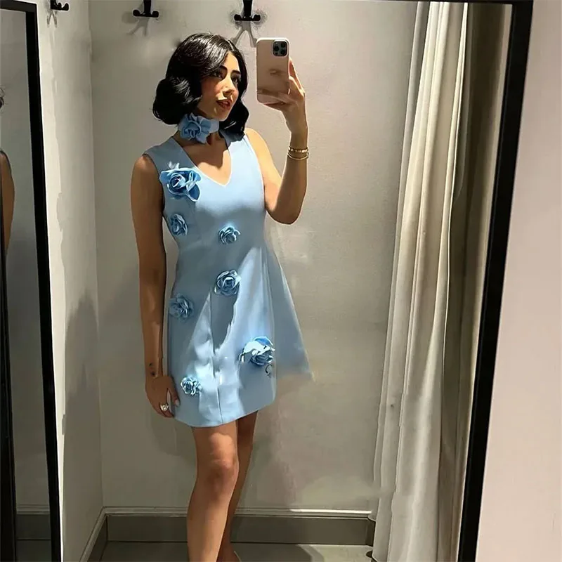 Sexy Blue V-Neck With Handflower Short Homecoming Dresses A Line Mini Prom Gown for Graduation Party Gown