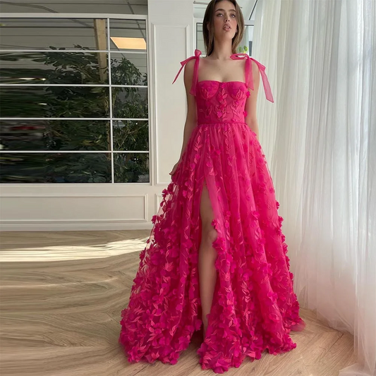Teen's Tulle A-line Prom Dresses Square Collar Bow Spaghetti Straps Backless High Split Party Dress 3D Appliques Homecoming Gown