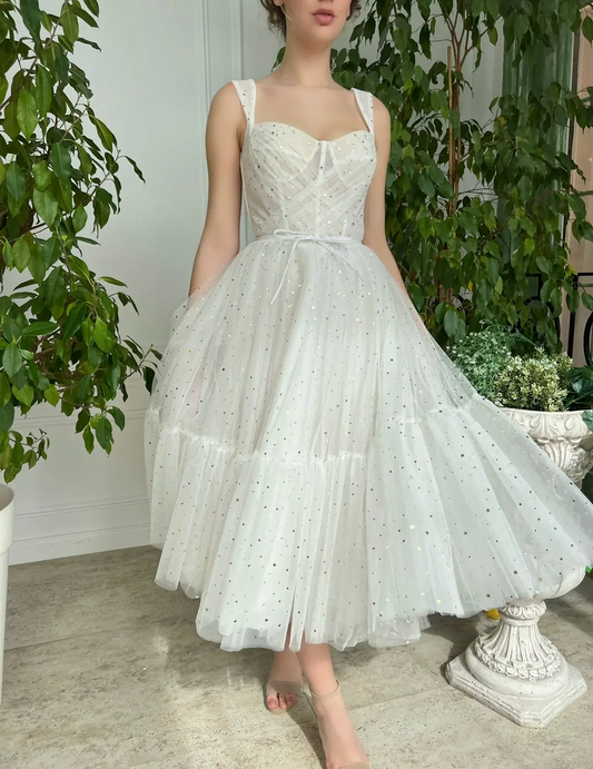 Tulle Spaghetti Straps A-line Homecoming Dresses Sweetheart Backless Pleated Girl's Tea-length Prom Gowns With Little Stars