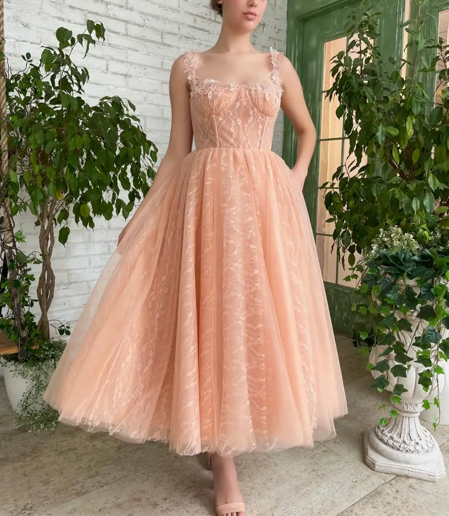 Tulle Spaghetti Straps Prom Dresses Square Collar A-line 3D Flower Girl's Homecoming Dress Elegant Pleated Tea-length Party Gown
