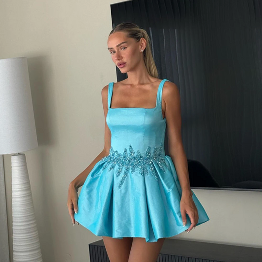 Ocean Blue Satin Homecoming Dresses Spaghetti A Line Appliques Beads Short Prom Birthday Party Gowns Teenages Graduation Dress