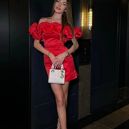 2024 Red Cocktail Dresses Off Shoulder Ruched Short Prom Birthday Party Gowns Women Dinner Dress Mini Formal Event Gown Custom