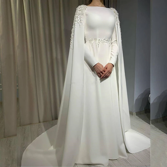 Muslim Bride Wedding Dresses with Wrap Boat Neck Floor Length Appliques Beading Satin Bridal Gowns vestidos de novia boda civil