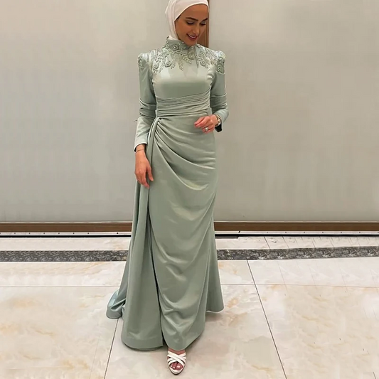 Sage Muslim Mermaid Evening Dresses for Women High Collar Long Sleeve Overskirt Appliques Beading Hijabi Formal Occasion Dress
