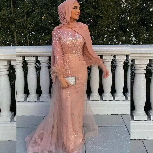 Muslim Pink Mermaid Evening Dresses for Women Long Sleeves Feathers Sequined Lace Hijab Soiree Formal Occasion Dress