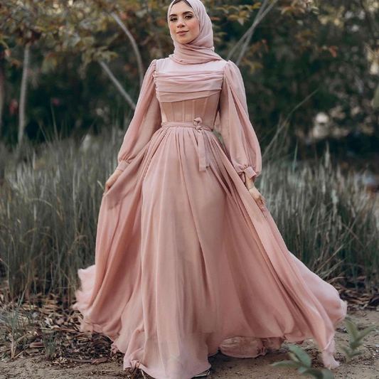 Blush Chiffon Prom Dresses for Hijab Women High Neck Long Sleeves Floor Length A Line Pleats Muslim robe femme soirée Party Gown