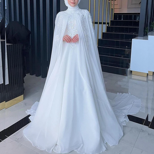 Elegant Muslim Wedding Dresses with Cape High Neck Long Sleeves Sweep Train Chiffon Appliques Beading Hijab Bride Bridal Gowns