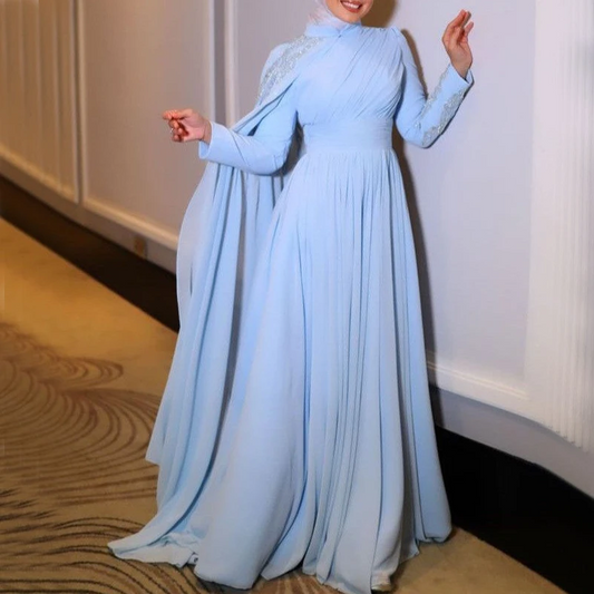 Light Sky Blue Prom Dresses for Hijab Women High Neck Long Sleeve Cape A Line Floor Length Sequined Muslim Evening Party Gowns