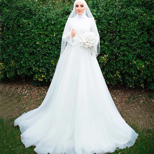 2024 Wedding Dresses for Bride High Neck Long Flare Sleeve Sweep Train Soft Organza Appliques Beading Garden Muslim Bridal Gowns