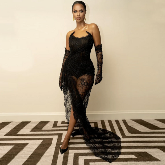 Eye Catching See Thru Black Lace Asymmetrical Long Maxi Gowns Strapless Corset Sexy Evening Dresses With Train No Gloves
