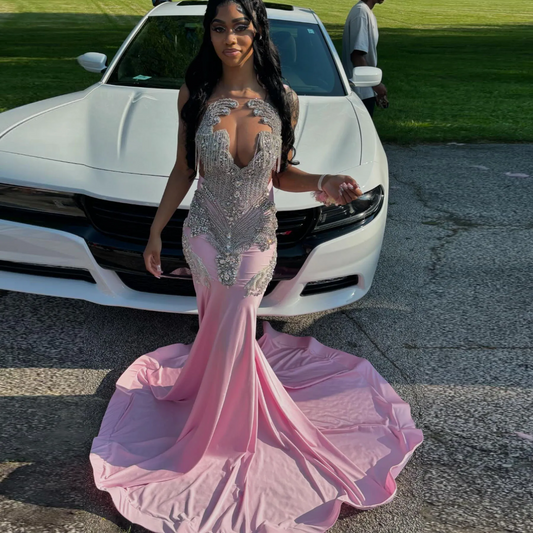 Amazing Pink Rhinestone Mermaid Evening Dresses Luxury Aso Ebi Stylished Crystal Long Maxi Gowns African Party Dress