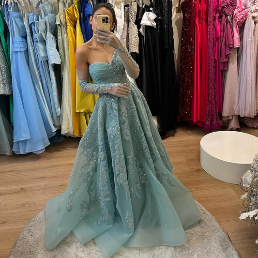 Beautiful Shiny Beaded Lace Long Prom Dresses With Detachable Sleeves Elegant Green A-line Formal Party Dress Bridal Gowns