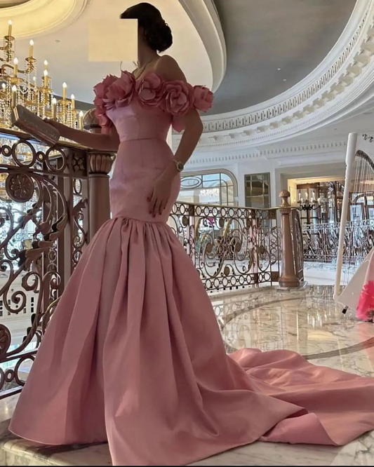 Beautiful Rose Pink Bloom Mermaid Long Maxi Gowns To Event Party Lace Up Black 3D Flower Strapless Formal Party Dresses