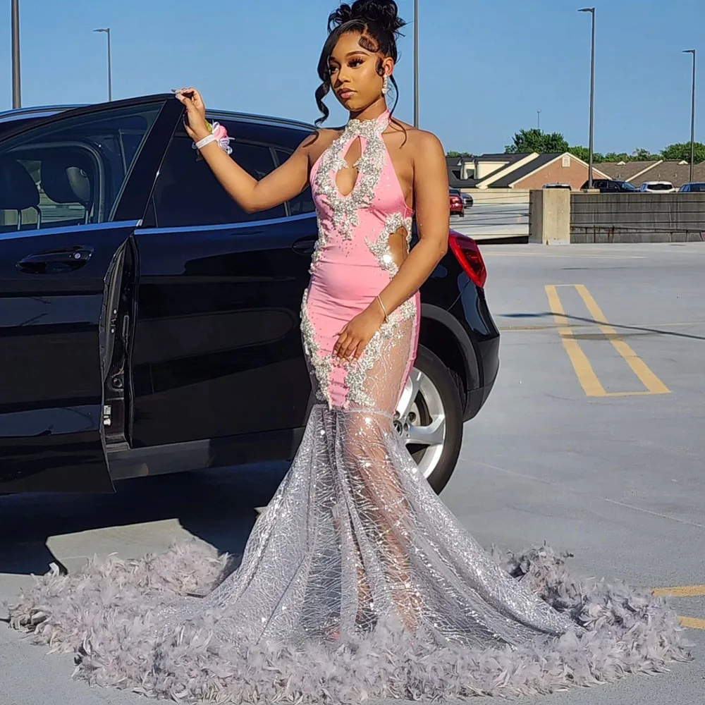 Eye Catching Beaded Mermaid Long African Prom Gowns Pink Halter Lace Nigerian Aso Ebi Evening Dress See Thru Sexy Party Dress