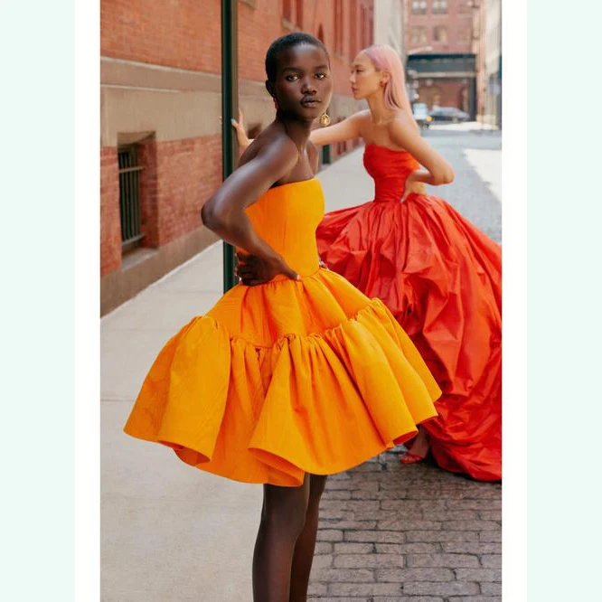 Orange Party Gowns Layered Off Shoulder Puffy Women Dress Ruffled Knee Length Prom Gown A line Mini Dress Candy Color