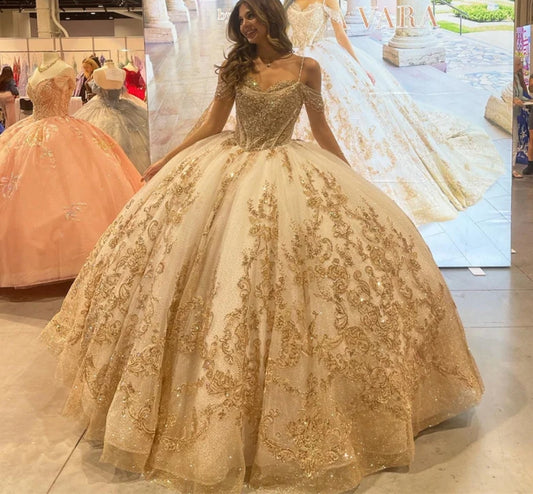 Champagne Quinceanera Dress Straps Off Shoulder Sweet 16 Years Gowns Birthday Party Princess Puffy Ball Gown Formal Vestidos