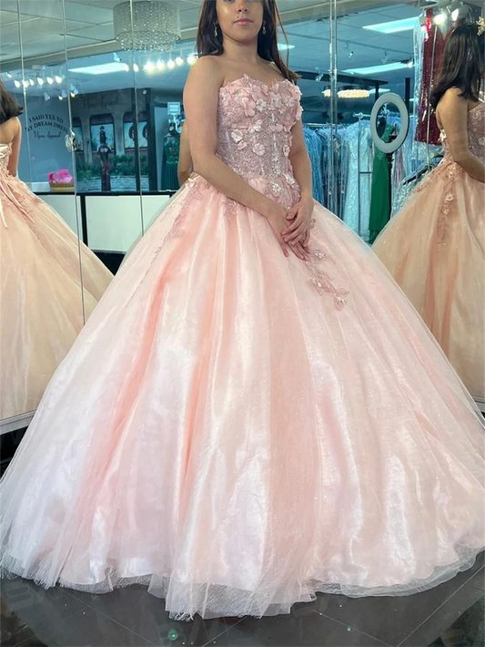 Pink 3D Floral Lace Strapless Ball Gown Strapless Appliqued Quinceanera Dress 2024 New Arrival Vestidos De 15 Quinceañera
