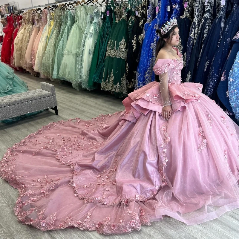 Pink Sparkly Princess Quinceanera Dresses Floral Applique Lace Beads Corset vestidos de 15 quinceañera 2024 Prom Lace Up