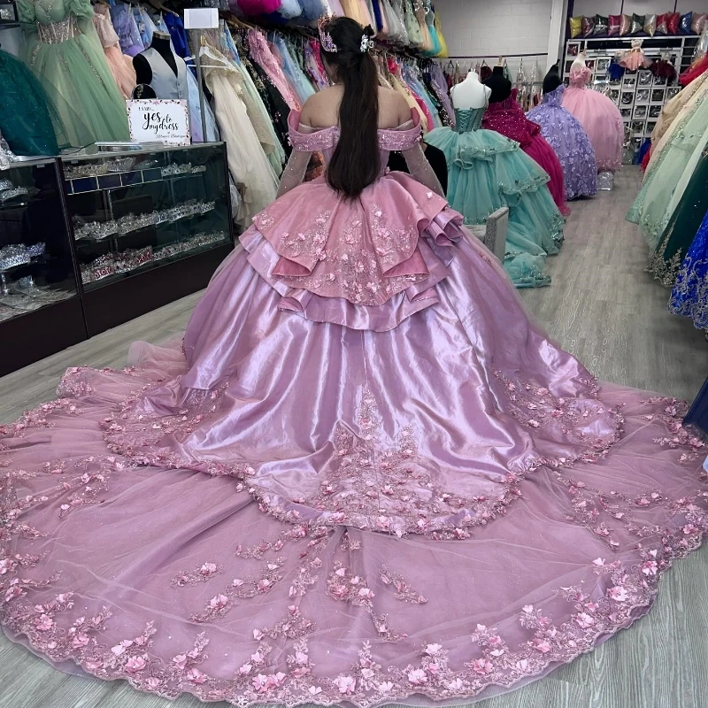 Pink Sparkly Princess Quinceanera Dresses Floral Applique Lace Beads Corset vestidos de 15 quinceañera 2024 Prom Lace Up
