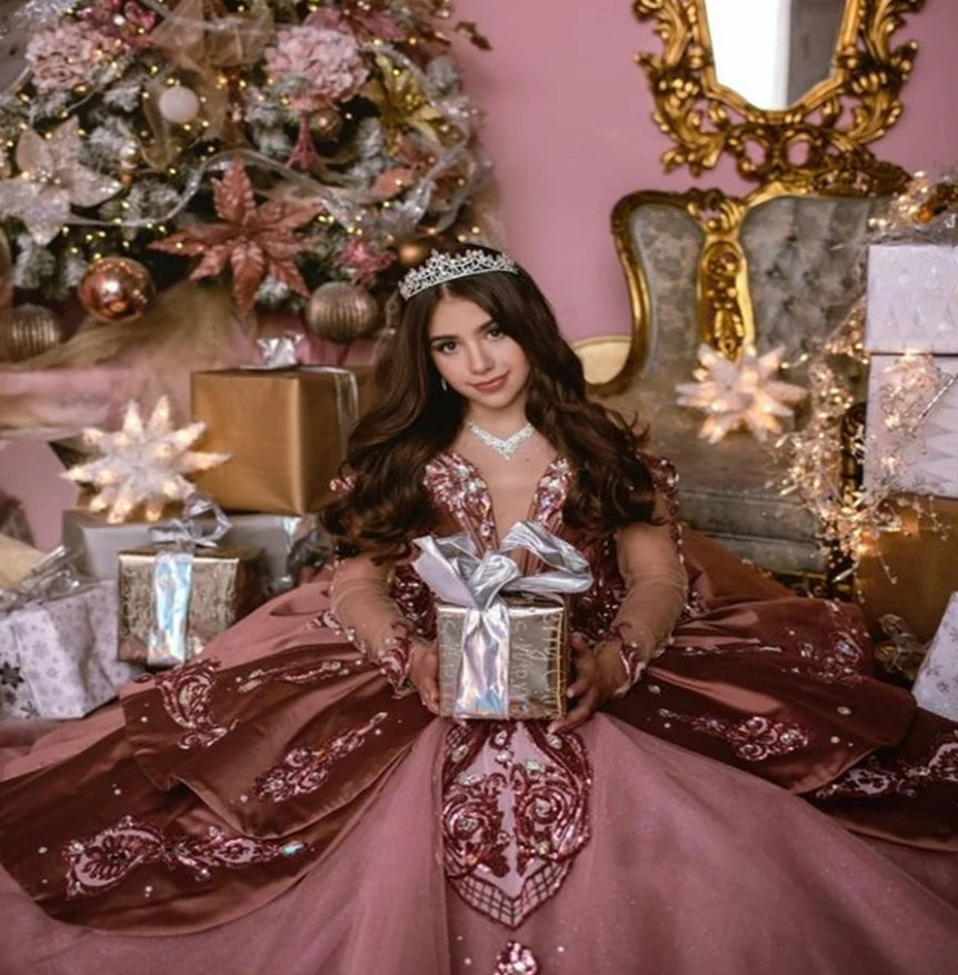 Luxury Pink Vestidos De 15 Quinceañera Dress 2024 Princess Sequin Ball Gown Sweet 15 Birthday Dress Glitter Xv Charro Prom Gowns