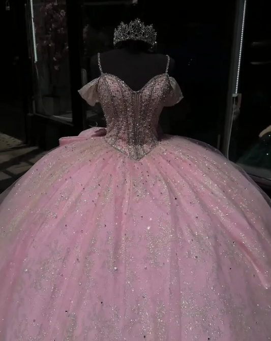 Pink Sparkly Princess Quinceanera Dresses with Bow Mexican Crystal Beaded Off Shoulder vestidos de 15 quinceañera 2024