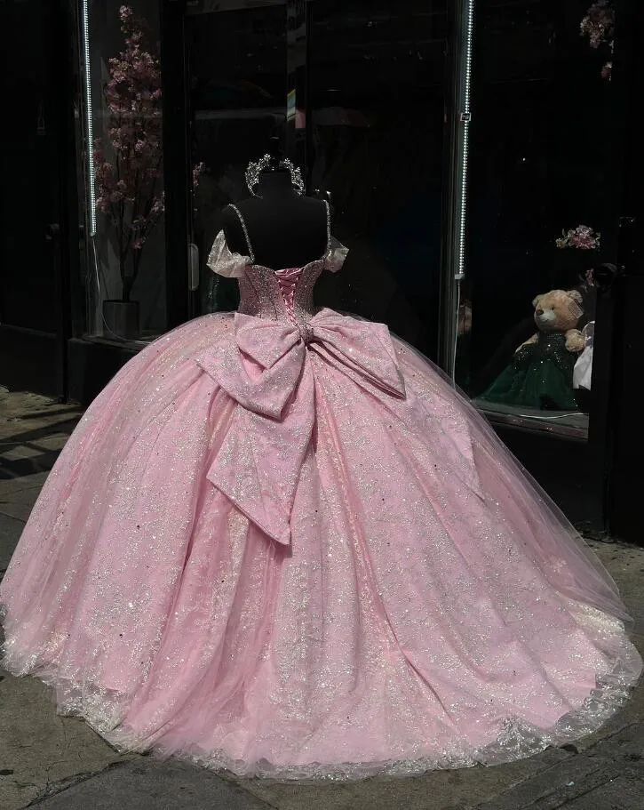 Pink Sparkly Princess Quinceanera Dresses with Bow Mexican Crystal Beaded Off Shoulder vestidos de 15 quinceañera 2024