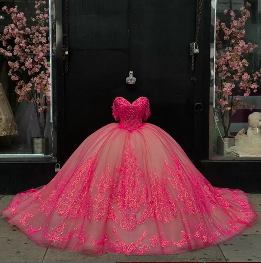 Fuchsia Pink Sparkly Princess Quinceanera Dresses Off Shoulder Gillter Applique Floral Corset vestido de 15 quinceañera 2024