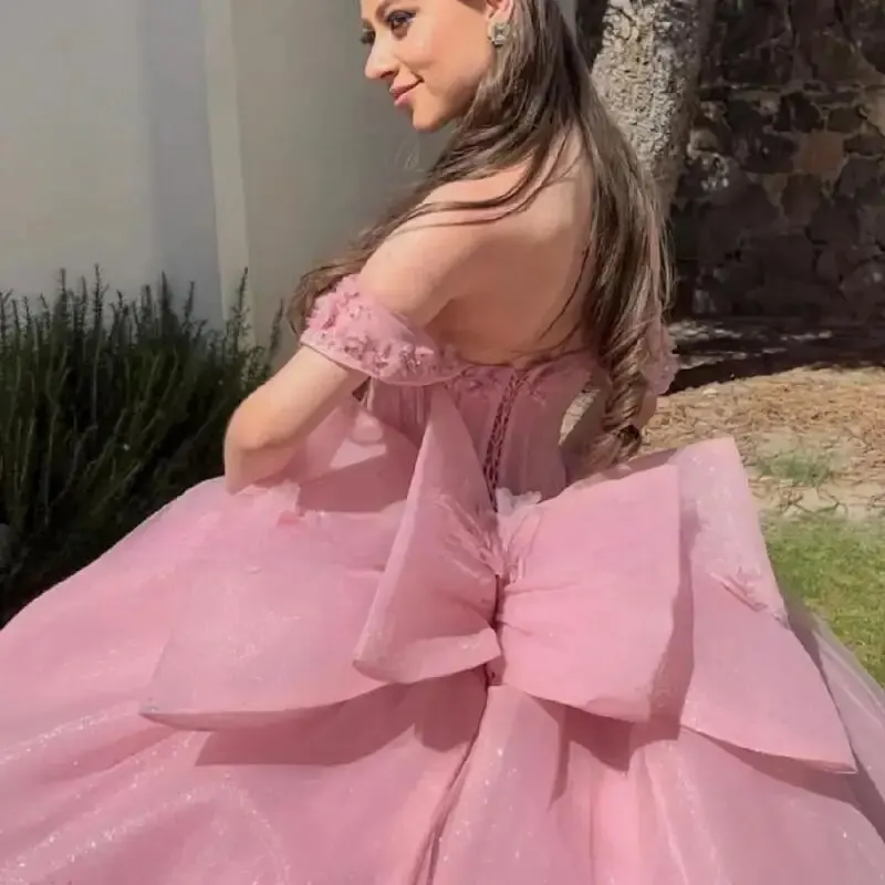 Pink Long Train Quinceanera Dress 2024 Off Shoulder Birthday Party Ball Gown Sweet 15 16 Vestidos De 15 Años Quinceañeras Miss