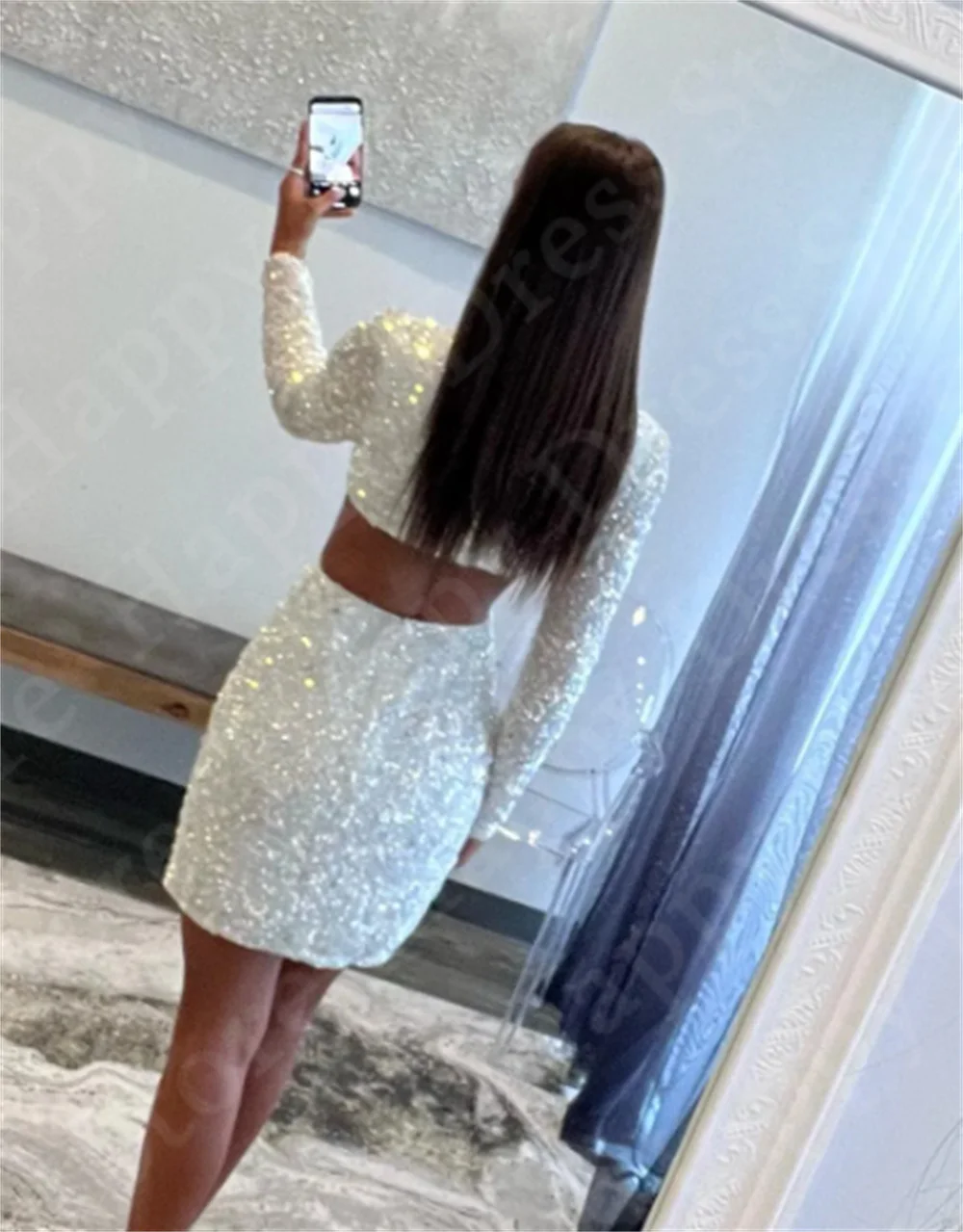 2024 Party Dress Sexy White Sequins Cocktail Dress Cutaway Sides Long Sleeves Deep V-Neck Mini Short dress Girl Homecoming Dress