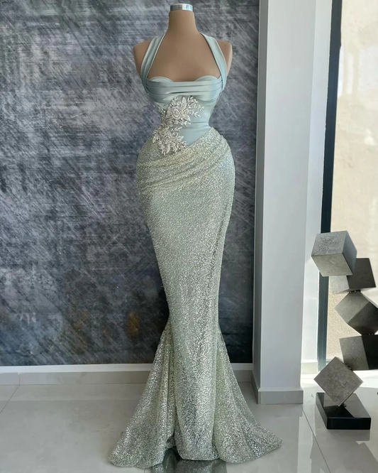 Sexy Strapless Formal Evening Dress Lace Appliques Beads Crystal Party Dress Custom Made Mermaid Floor-Length Engagement Dress