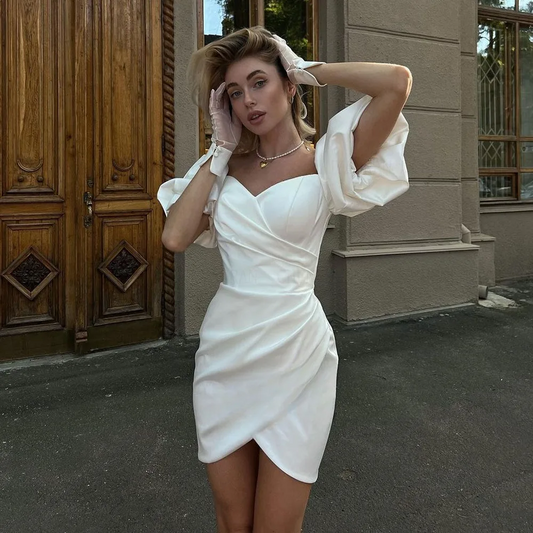 Mini Mermaid Wedding Party Dresses Sweetheart Off Shoulder Bridal Gowns Puff Sleeves Pleat Homecoming Dresses for Women Evening