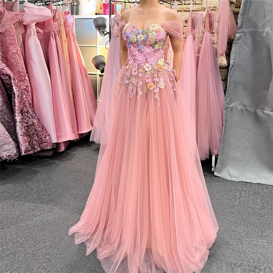 Fairy Pink Prom Dress Tulle Off The Shoulder 3D Flowers A-Line Ruched Party Growns Princess Floor Length Abendkleider