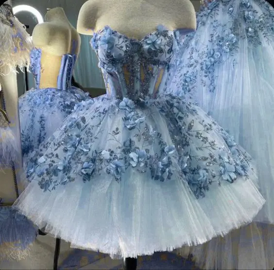 Sky Blue Princess Short Prom Dresses Sweetheart 3D Floral Embroidery Lace-up Corset Puffy Evening Homecoming Dress obes de soiré