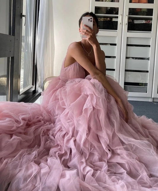 Pink Tulle Dress with Ruffles, Corset Prom Dress with Spaghetti Straps, Fit and Flare Dress, Homecoming Dress, Princess Bridal