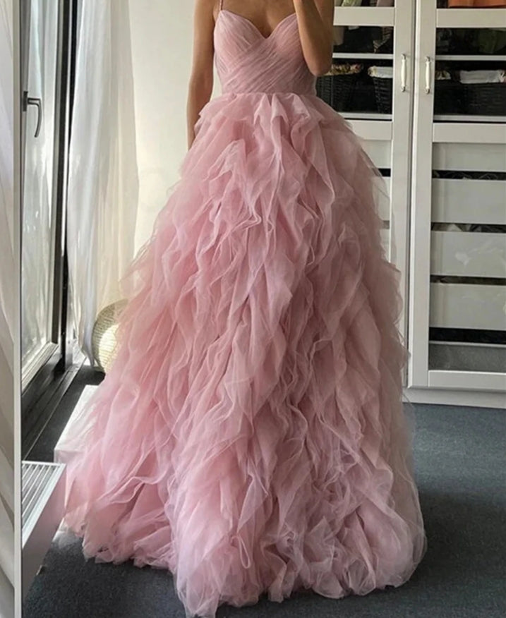 Pink Tulle Dress with Ruffles, Corset Prom Dress with Spaghetti Straps, Fit and Flare Dress, Homecoming Dress, Princess Bridal