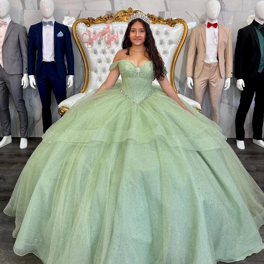 Shiny Sage Green Quinceanera Dress Bow Off-Shoulder Sleeves Vestidos De 15 Anos Corset Formal Birthday Party Prom