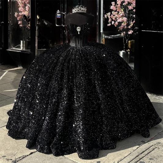 Black Sequin Corset Quinceanera Dress Ball Gown Dress 18th Birthday Silver Rhinestones Debut vestido de charra 15 años Sweet 15