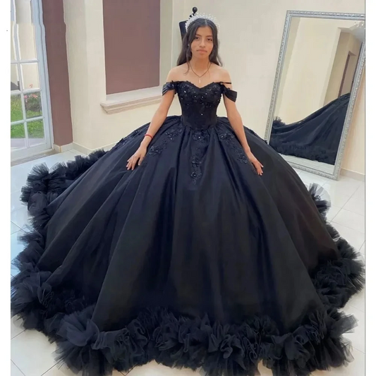 Black Quinceanera Dresses 3D Flower Beading Lace Ruffles Pleat Tulle Vestidos De 15 Anos Birthday Party Prom Corset