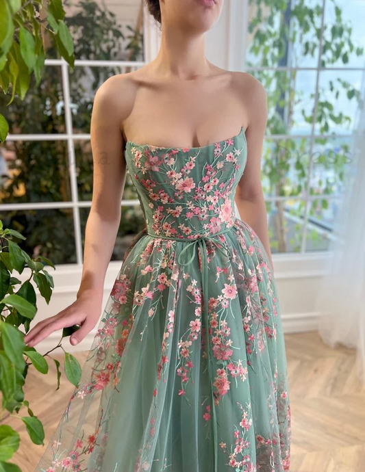 Sage Green Tulle Prom Dresses for Teens Girls with Pink Lace Embroideries Tea-Length Birthday Party Dress A-Line فساتين السهرة