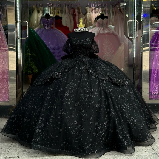 Luxury Black Shiny Quinceanera Dressess 2024 Off The Shoulder Ball Gowns Beads Bow Tull Sweet 16 Dress Vestidos De 15 Años