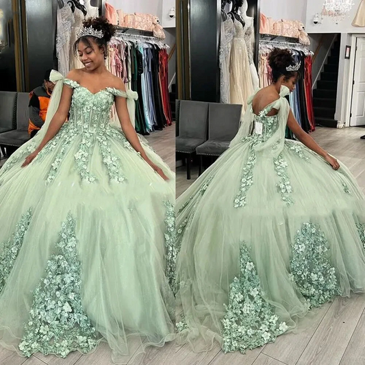 Sage Green Quinceanera Dresses Cape Sleeve 3D Florals Prom Dress Sweet 15 Birthday Dress For Women Party Gowns
