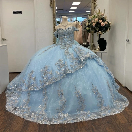 Luxury Blue Quinceanera Dresses Sliver Beading Lace Vestidos De 15 Anos Corset Birthday Princess Party Gowns
