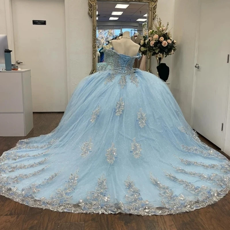 Luxury Blue Quinceanera Dresses Sliver Beading Lace Vestidos De 15 Anos Corset Birthday Princess Party Gowns