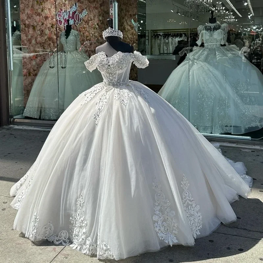 White Quinceanera Dresses Ball Gowns Appliques Lace Beading Crystal Birthday Princess Vestidos 15 Para XV Años